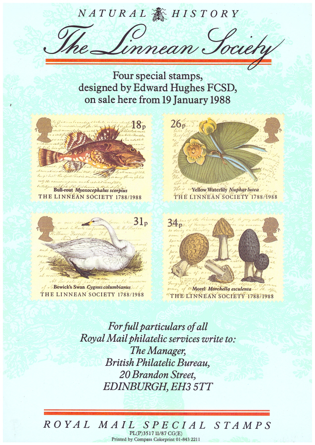 (image for) 1988 Linnean Society Post Office A4 poster. PL(P)3517 11/87 CG(E).